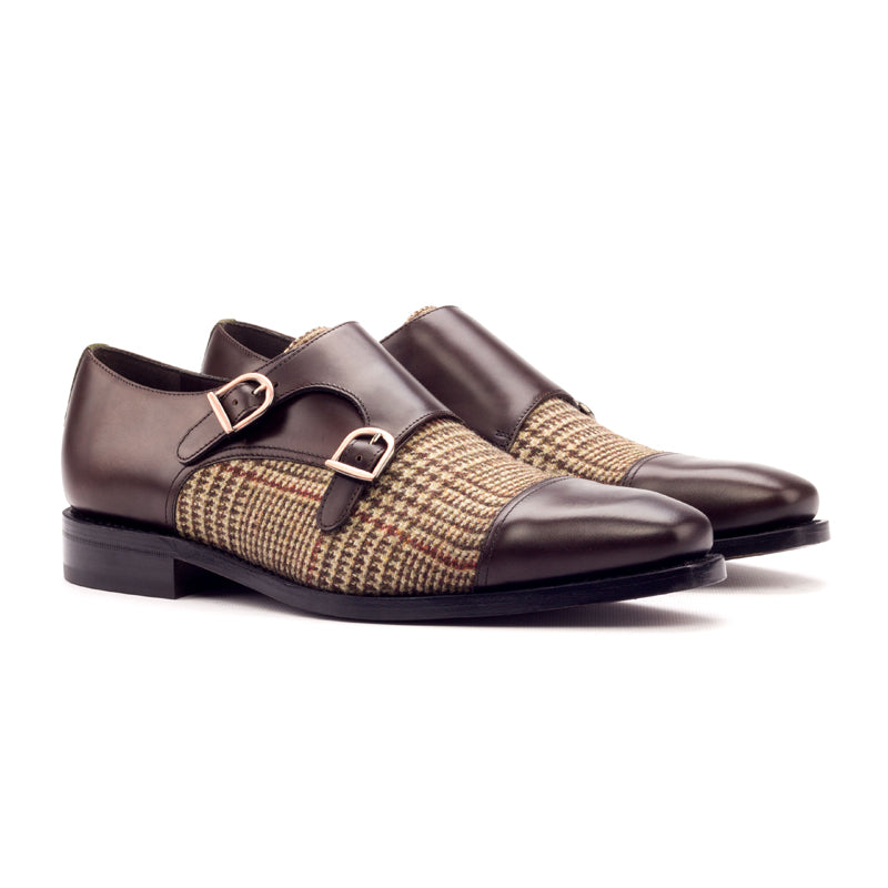 Genaio™ Goodyear welted double monk shoe. Captoe finished with woolen fabric with Pied de poule pattern