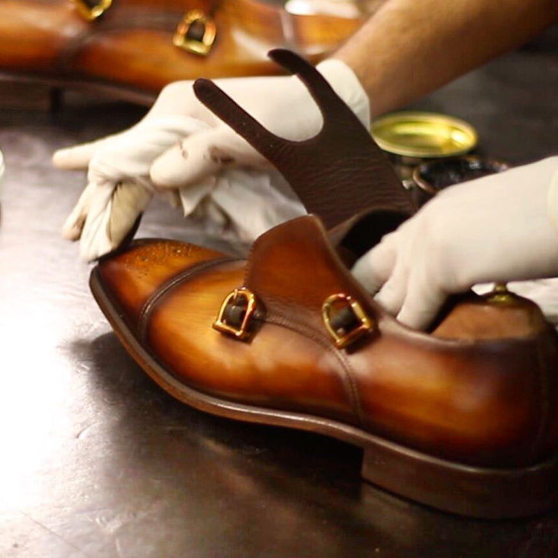 Genaio™ Goodyear welted double monk shoe. Captoe, patina done by hand with a burnished finishing in production.
